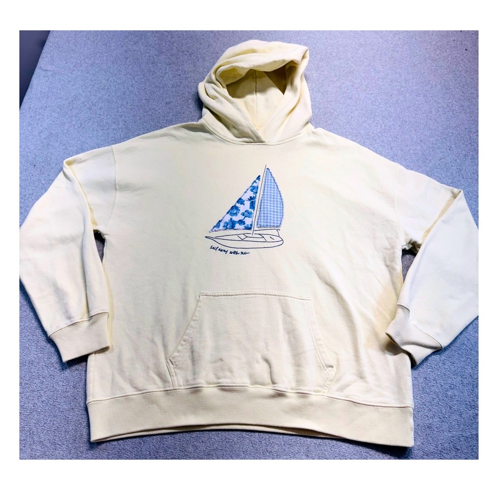 Hollister Hoodie Women M Pale Yellow Sailboat Coastal Pullover Comfy Soft Preppy